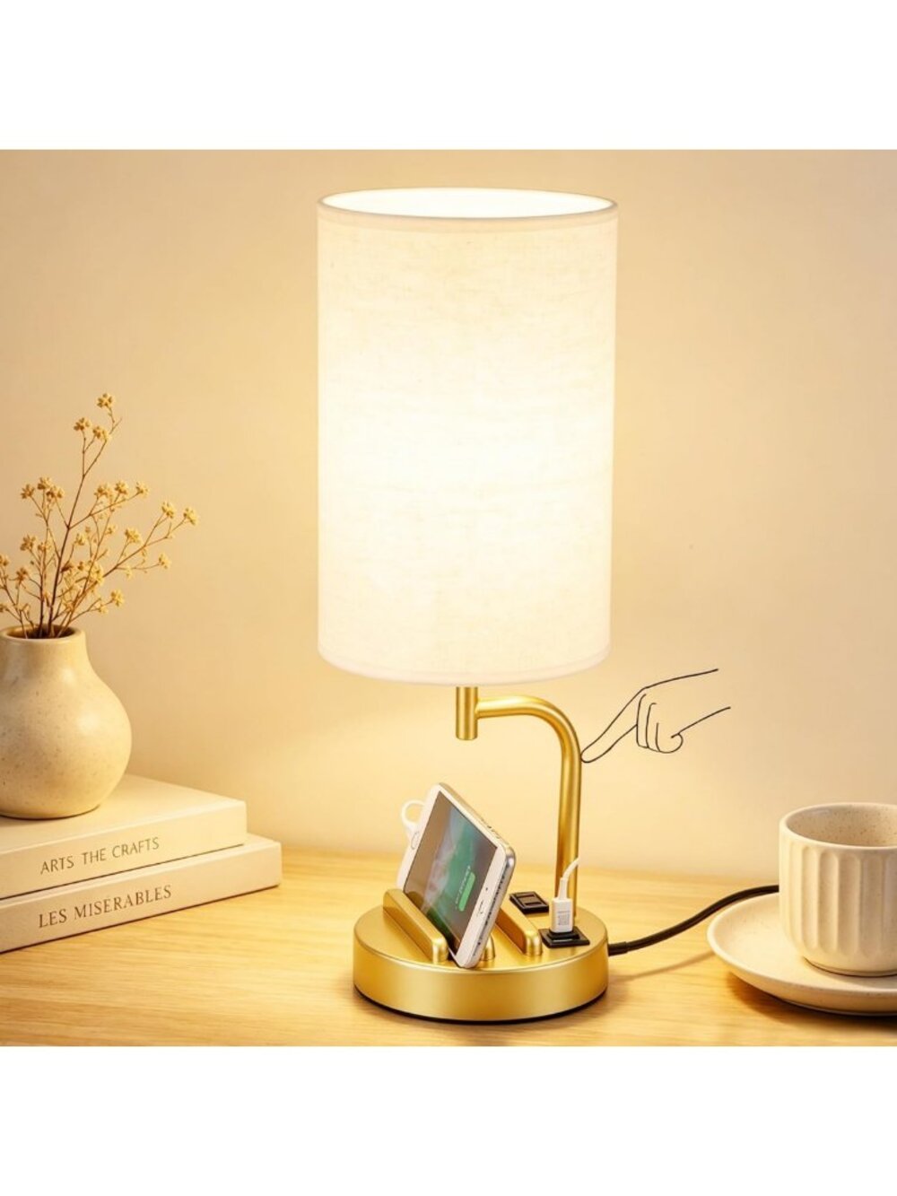 Modern 3-Way Dimmable Touch Control USB Table Lamp with AC Outlet - Gold